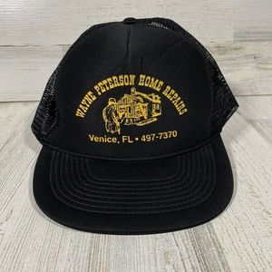 Vtg Nissin Snapback Black Trucker Hat Mesh Foam Cap Wayne Peterson Home Repairs